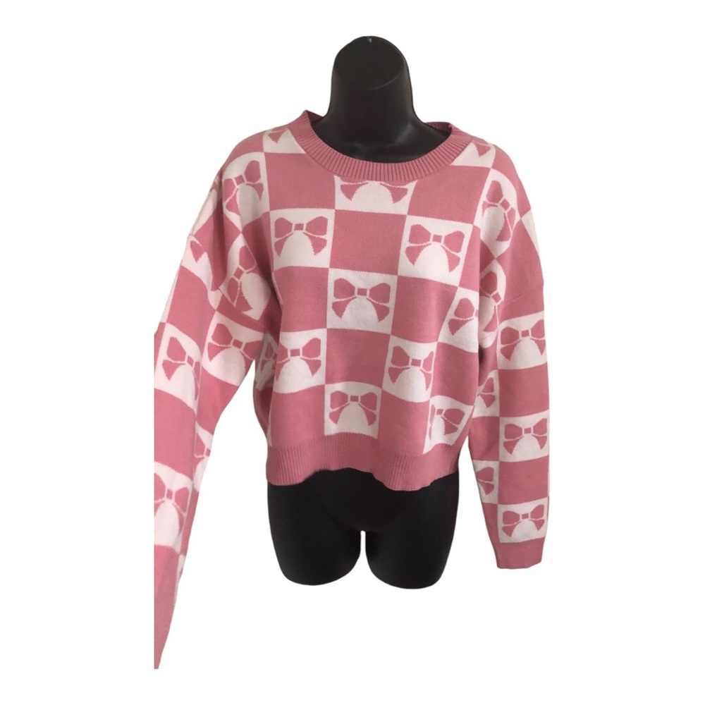 Luna Ivy pink white checkered pink bow print long sleeve sweater size Medium new